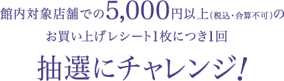 館内対象店舗での5,000円以上（税込・合算不可）のお買い上げレシート1枚につき1回 抽選にチャレンジ！