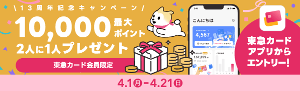 2024年4月1日（月）から4月21日（日）の期間、13周年記念キャンペーン 10,000最大ポイント 2人に1人プレゼント 東急カード会員限定