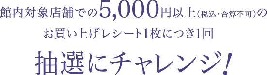 館内対象店舗での5,000円以上（税込・合算不可）のお買い上げレシート1枚につき1回 抽選にチャレンジ！